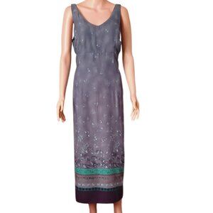 Vintage Especially Yours Maxi Dress 13/14 Slate Gray Floral V Neck Button Back